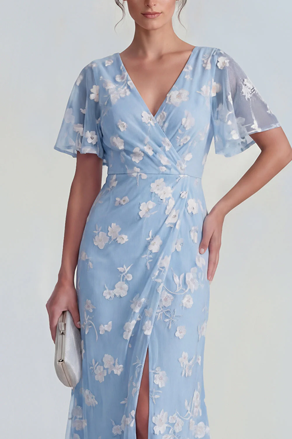 Blue Sheath Short Sleeves Long Floral Dress with Slit - Image 3