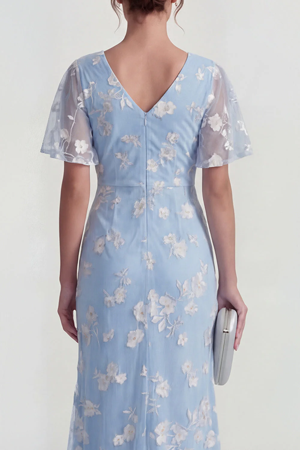 Blue Sheath Short Sleeves Long Floral Dress with Slit - Image 4