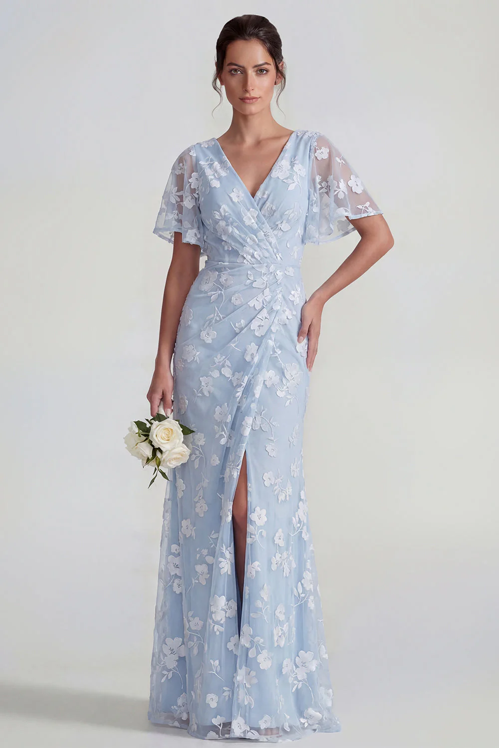 Blue Sheath Short Sleeves Long Floral Dress with Slit - Image 5