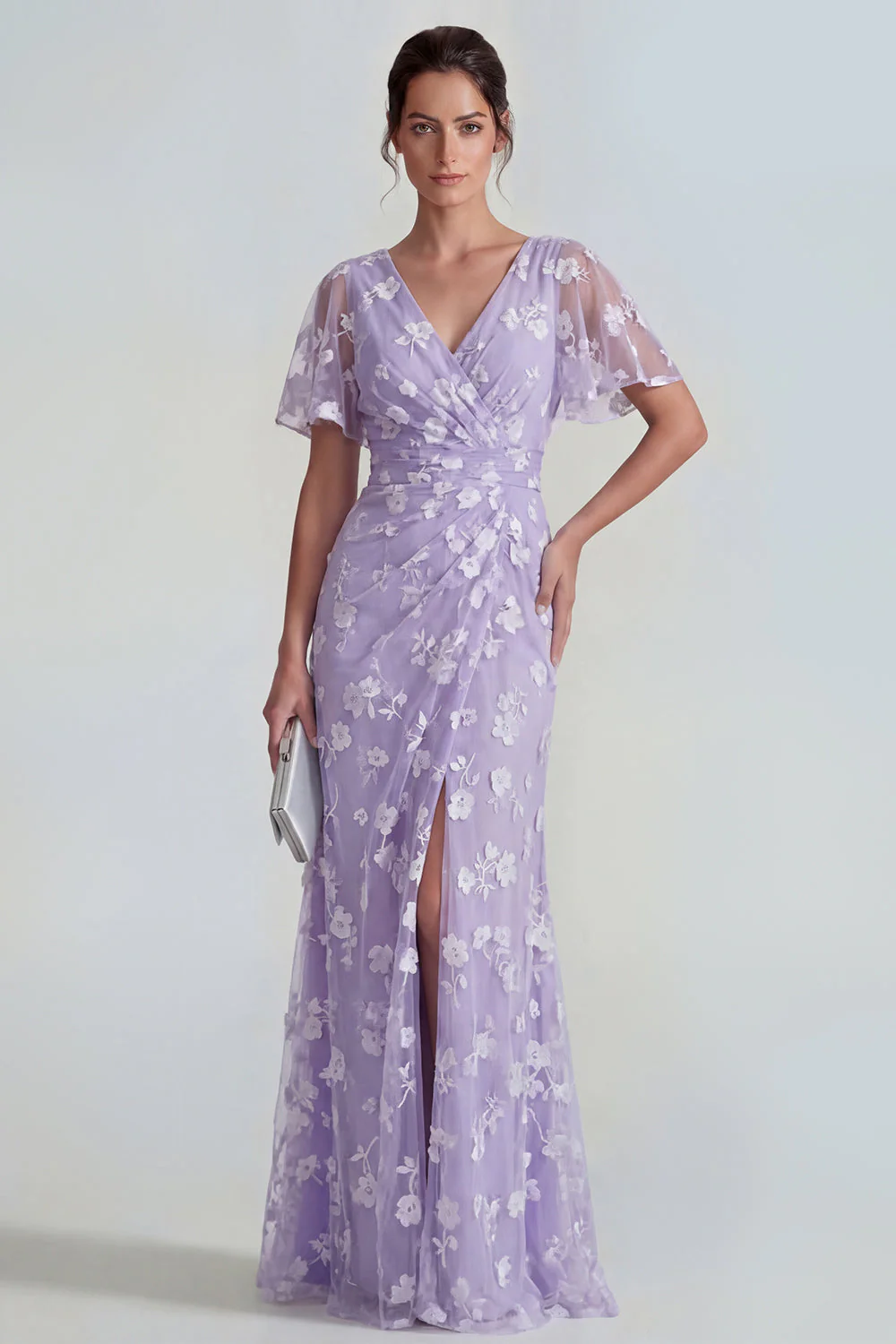 Blue Sheath Short Sleeves Long Floral Dress with Slit - Image 6