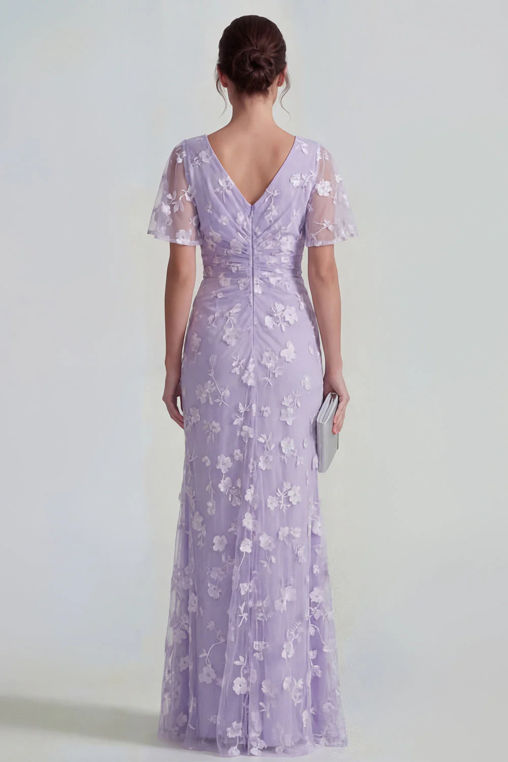 Blue Sheath Short Sleeves Long Floral Dress with Slit - Image 7