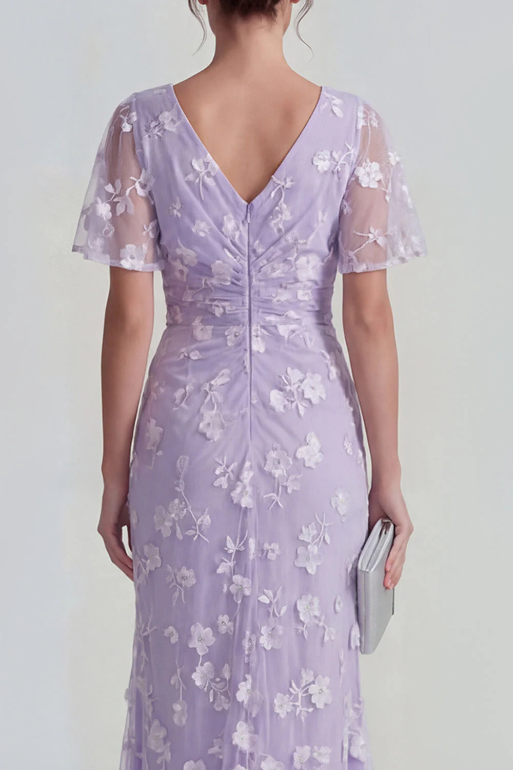Blue Sheath Short Sleeves Long Floral Dress with Slit - Image 8