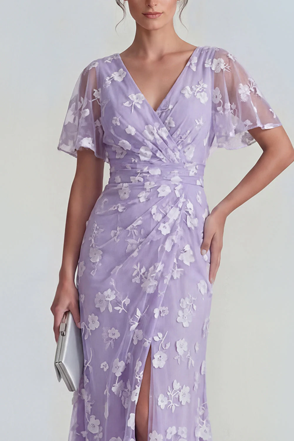 Blue Sheath Short Sleeves Long Floral Dress with Slit - Image 9