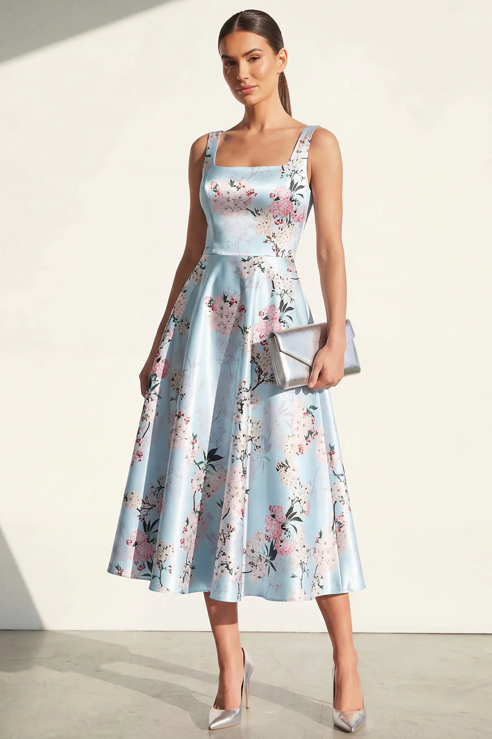 Blue Square Neck A Line Printed Satin Midi Floral Dress