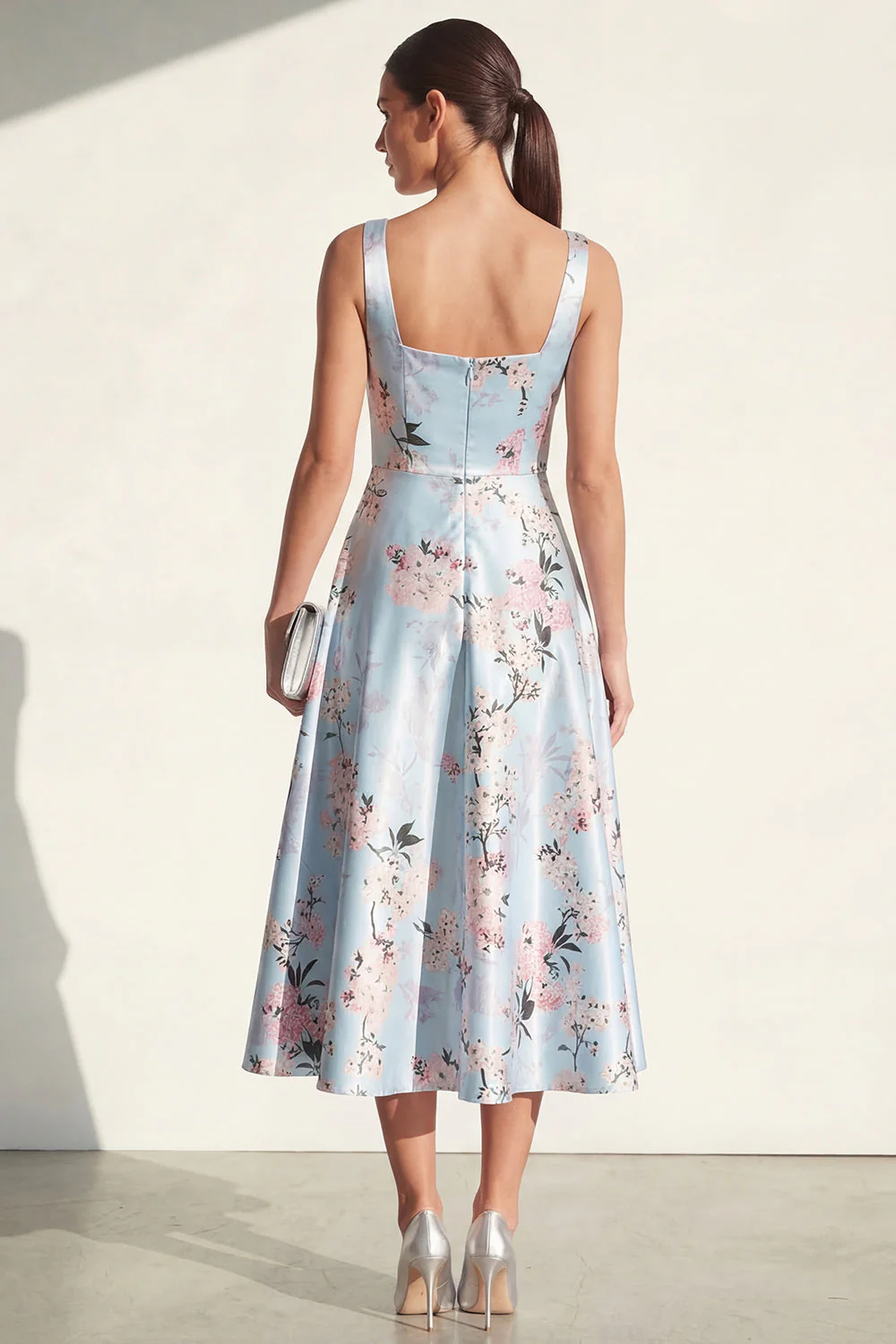Blue Square Neck A Line Printed Satin Midi Floral Dress - Image 2