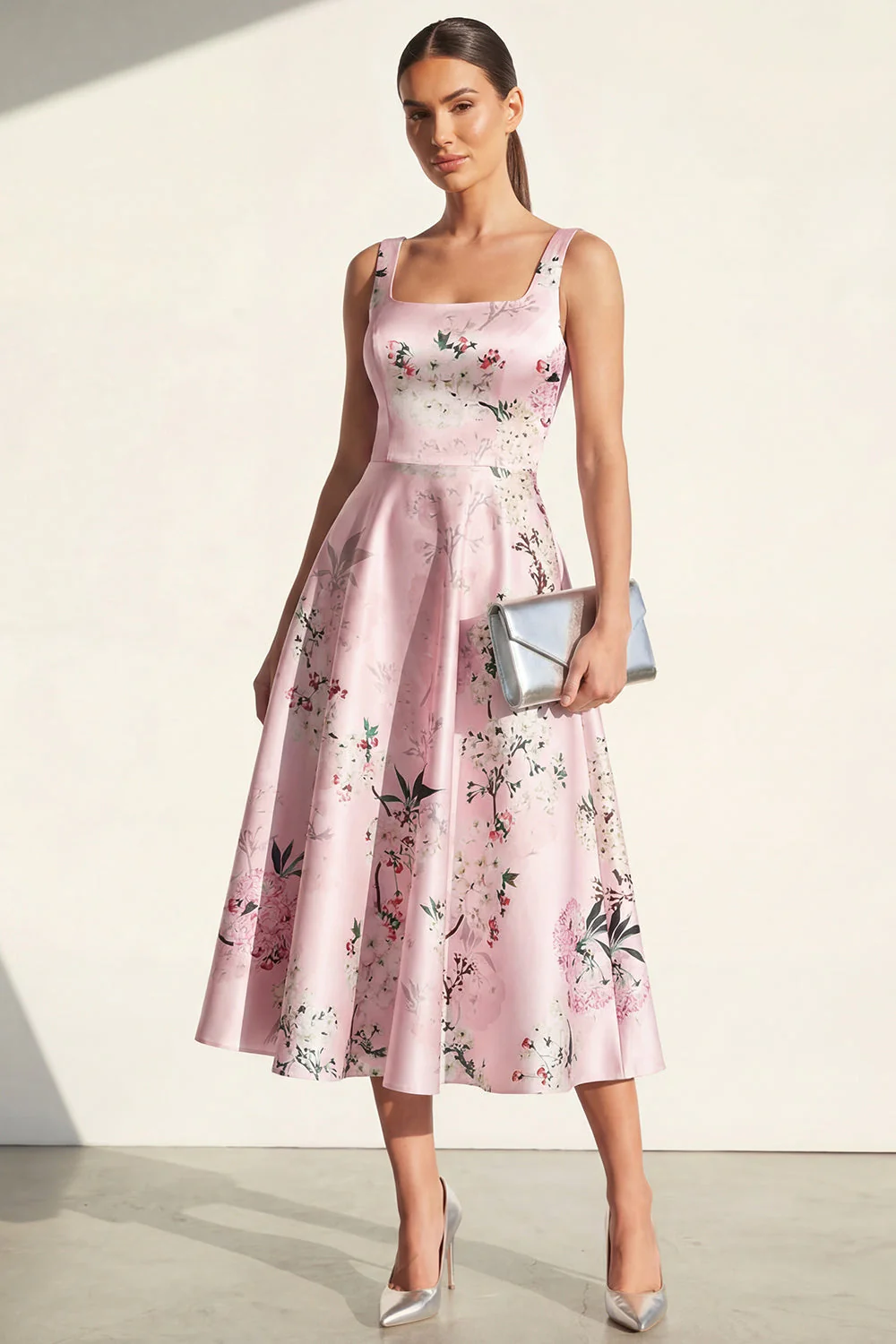 Blue Square Neck A Line Printed Satin Midi Floral Dress - Image 5