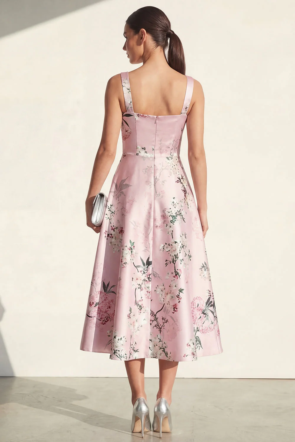 Blue Square Neck A Line Printed Satin Midi Floral Dress - Image 6
