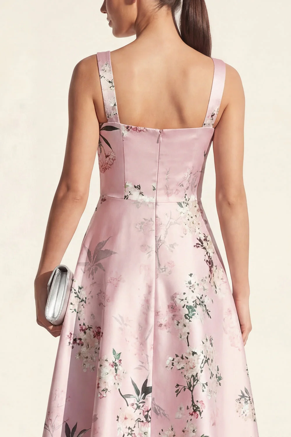 Blue Square Neck A Line Printed Satin Midi Floral Dress - Image 8