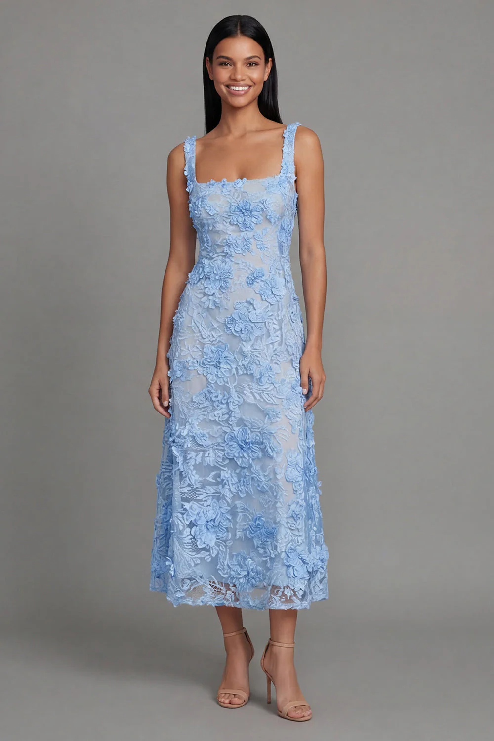 Blue Square Neck Floral Sheath Midi Dress with Appliques
