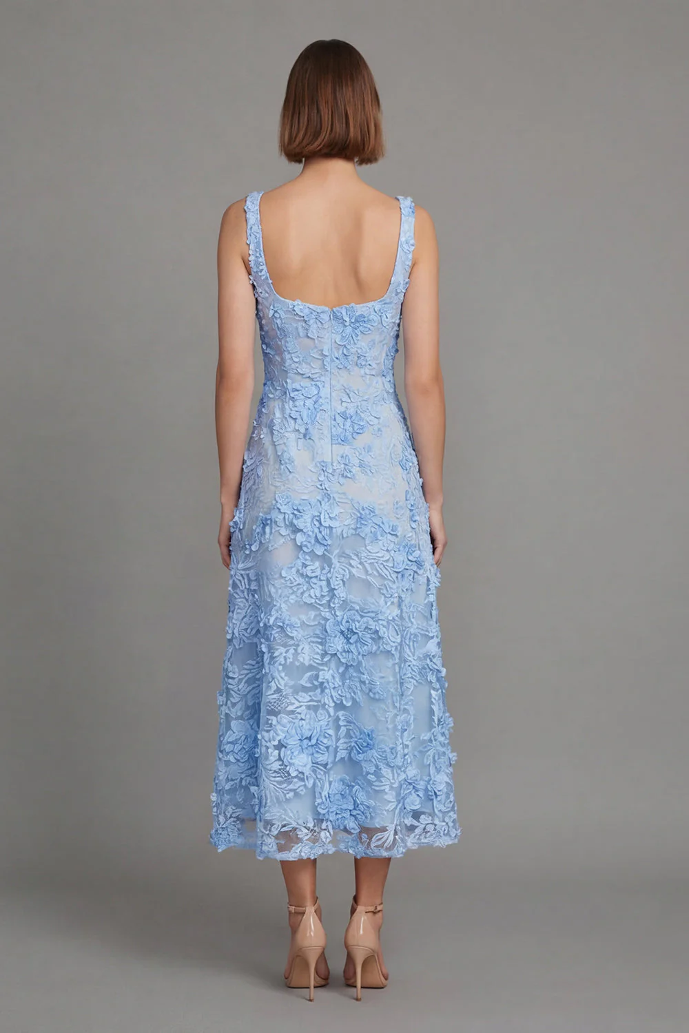 Blue Square Neck Floral Sheath Midi Dress with Appliques - Image 3