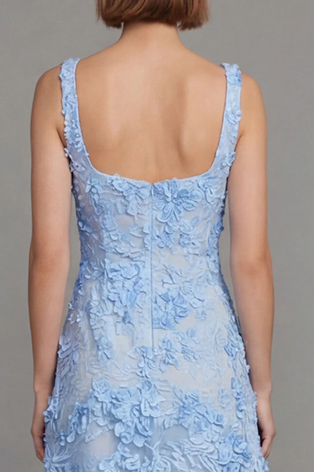Blue Square Neck Floral Sheath Midi Dress with Appliques - Image 5