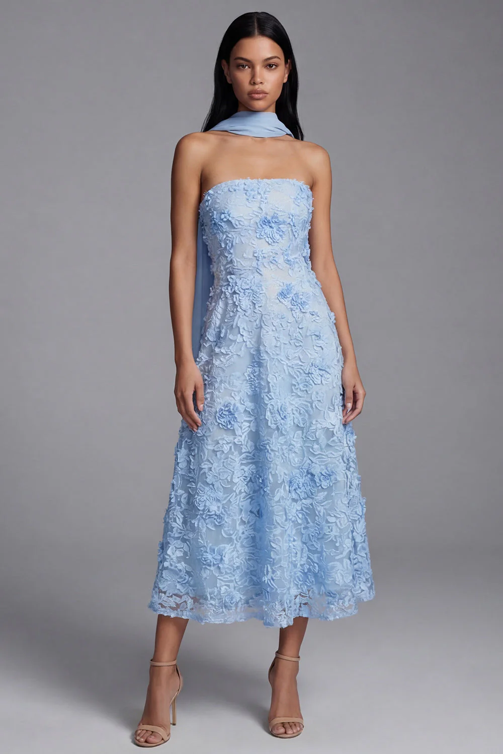 Blue Strapless A-Line Appliqued Midi Floral Dress with Neck Scarf