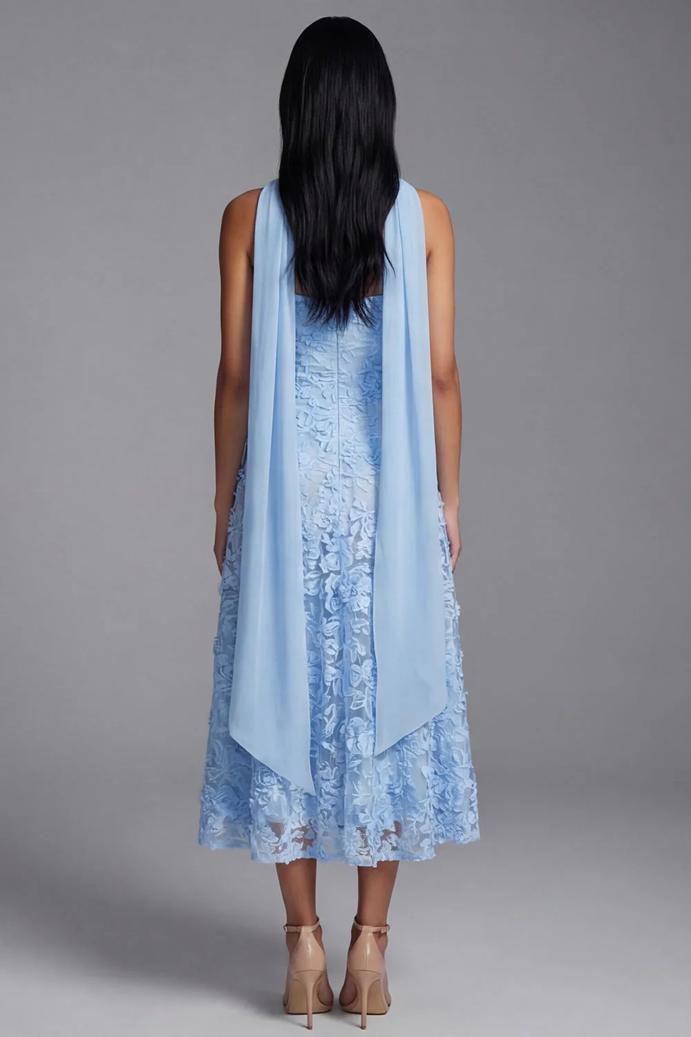 Blue Strapless A-Line Appliqued Midi Floral Dress with Neck Scarf - Image 3