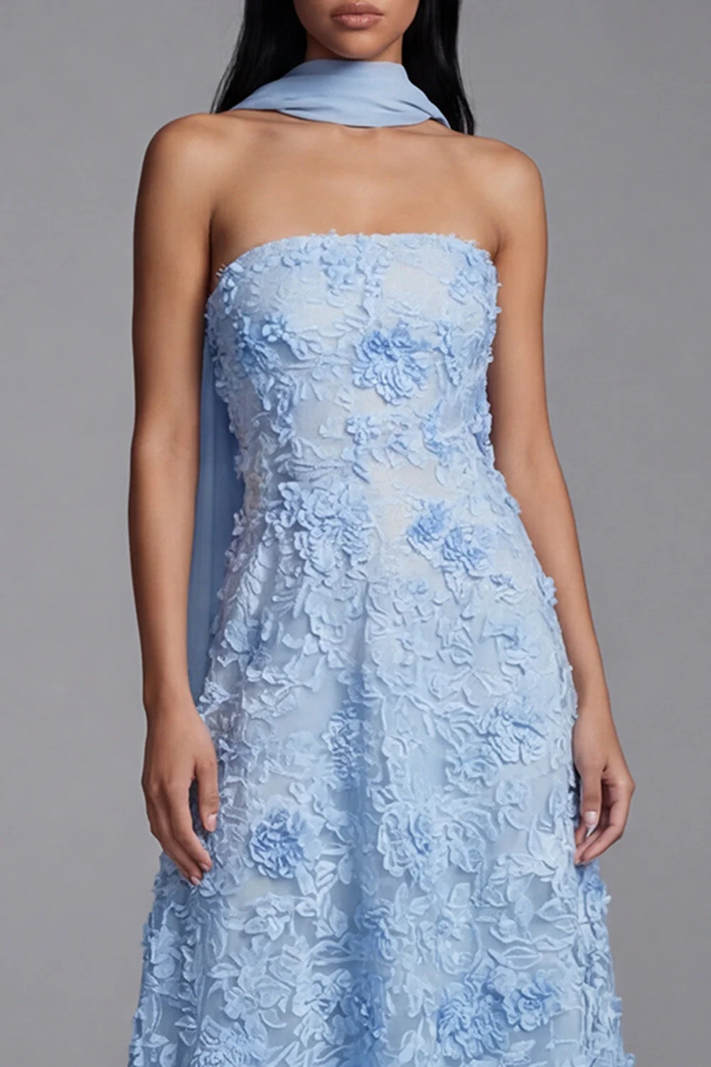 Blue Strapless A-Line Appliqued Midi Floral Dress with Neck Scarf - Image 4