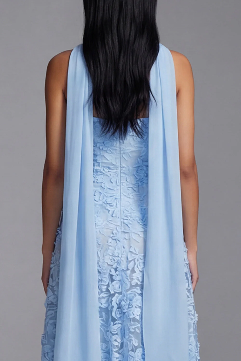 Blue Strapless A-Line Appliqued Midi Floral Dress with Neck Scarf - Image 5