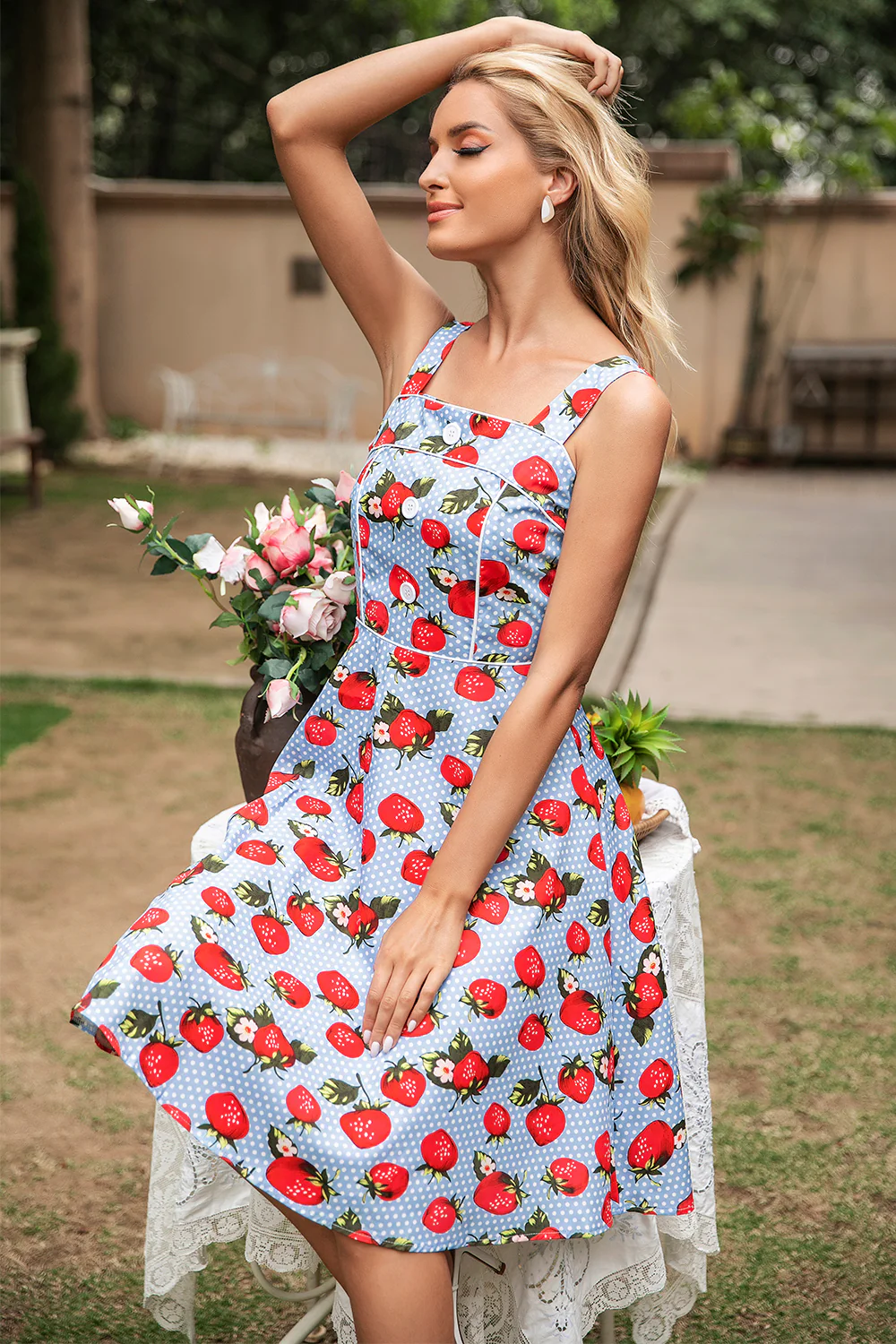 Blue Strawberry Floral Vintage Swing 1950s Dress - Image 3