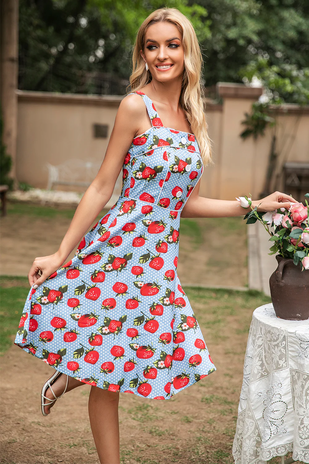 Blue Strawberry Floral Vintage Swing 1950s Dress - Image 6