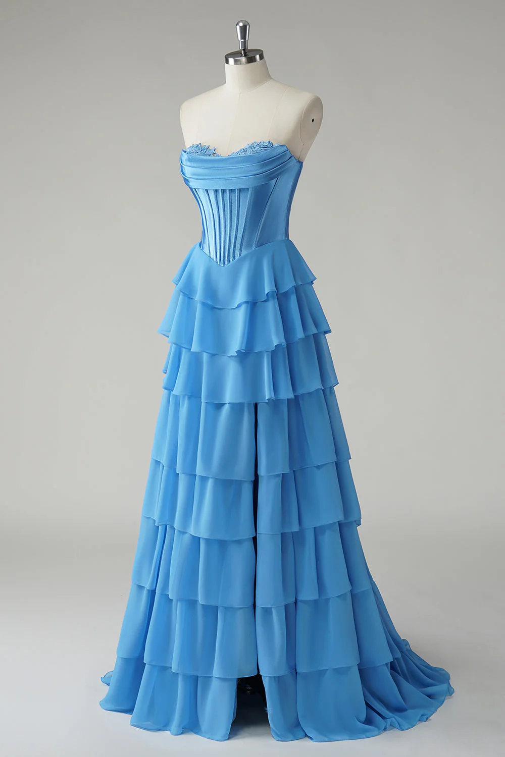 Blue Sweetheart Ruffled A Line Long Prom Dress - Image 3