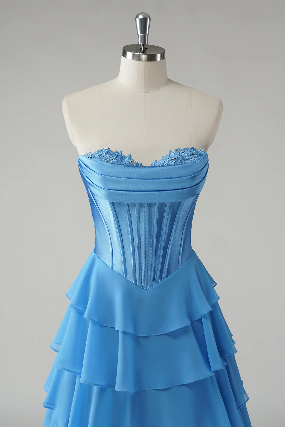 Blue Sweetheart Ruffled A Line Long Prom Dress - Image 4