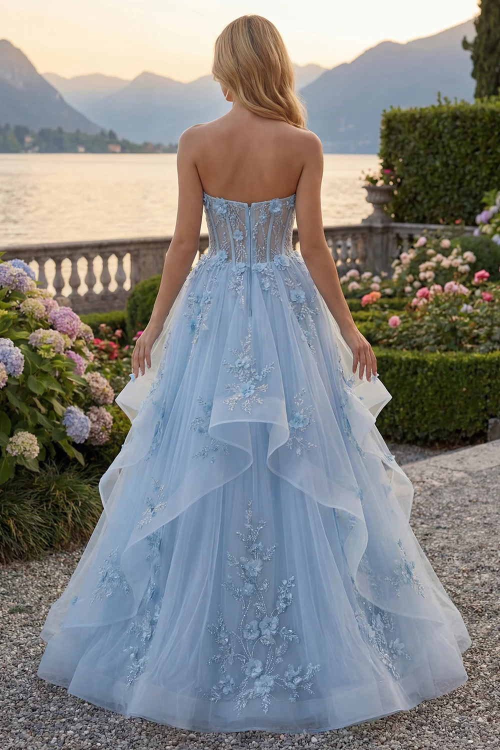 Blue Sweetheart Sheer Corset Princess Long Prom Dress with 3D Flowers - Image 2