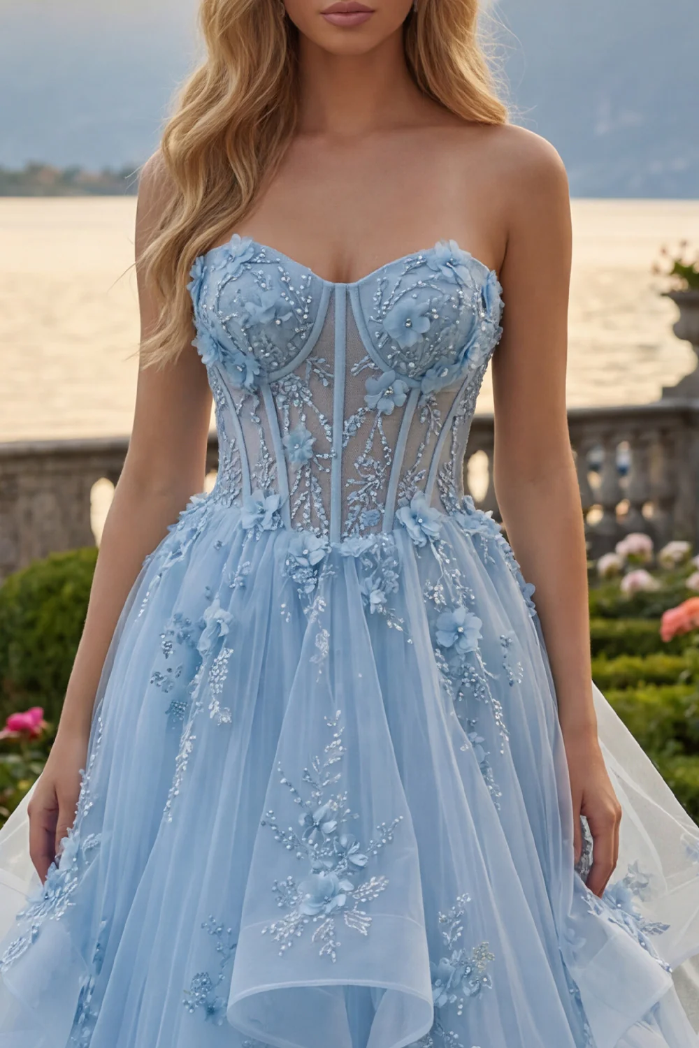 Blue Sweetheart Sheer Corset Princess Long Prom Dress with 3D Flowers - Image 3