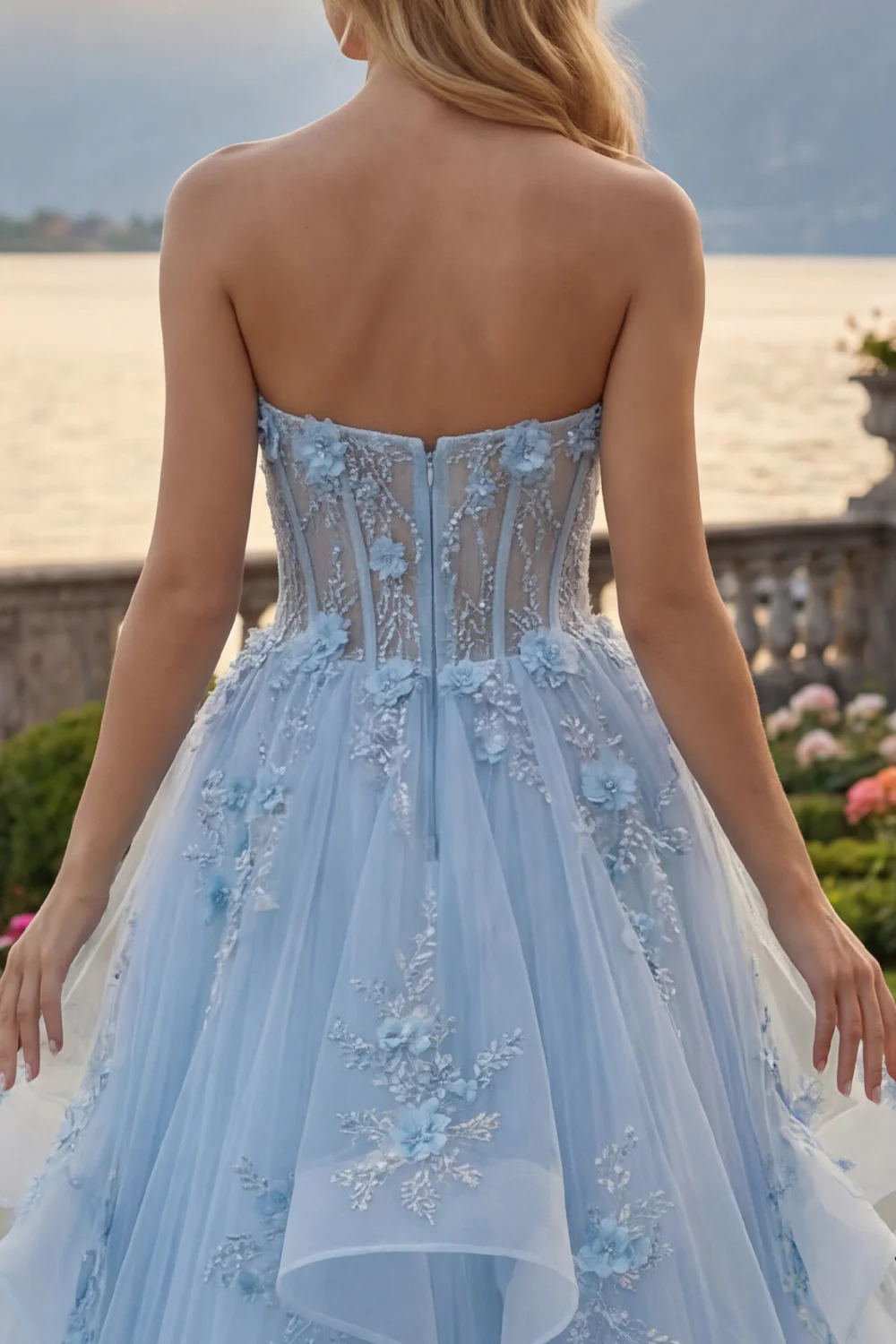 Blue Sweetheart Sheer Corset Princess Long Prom Dress with 3D Flowers - Image 4