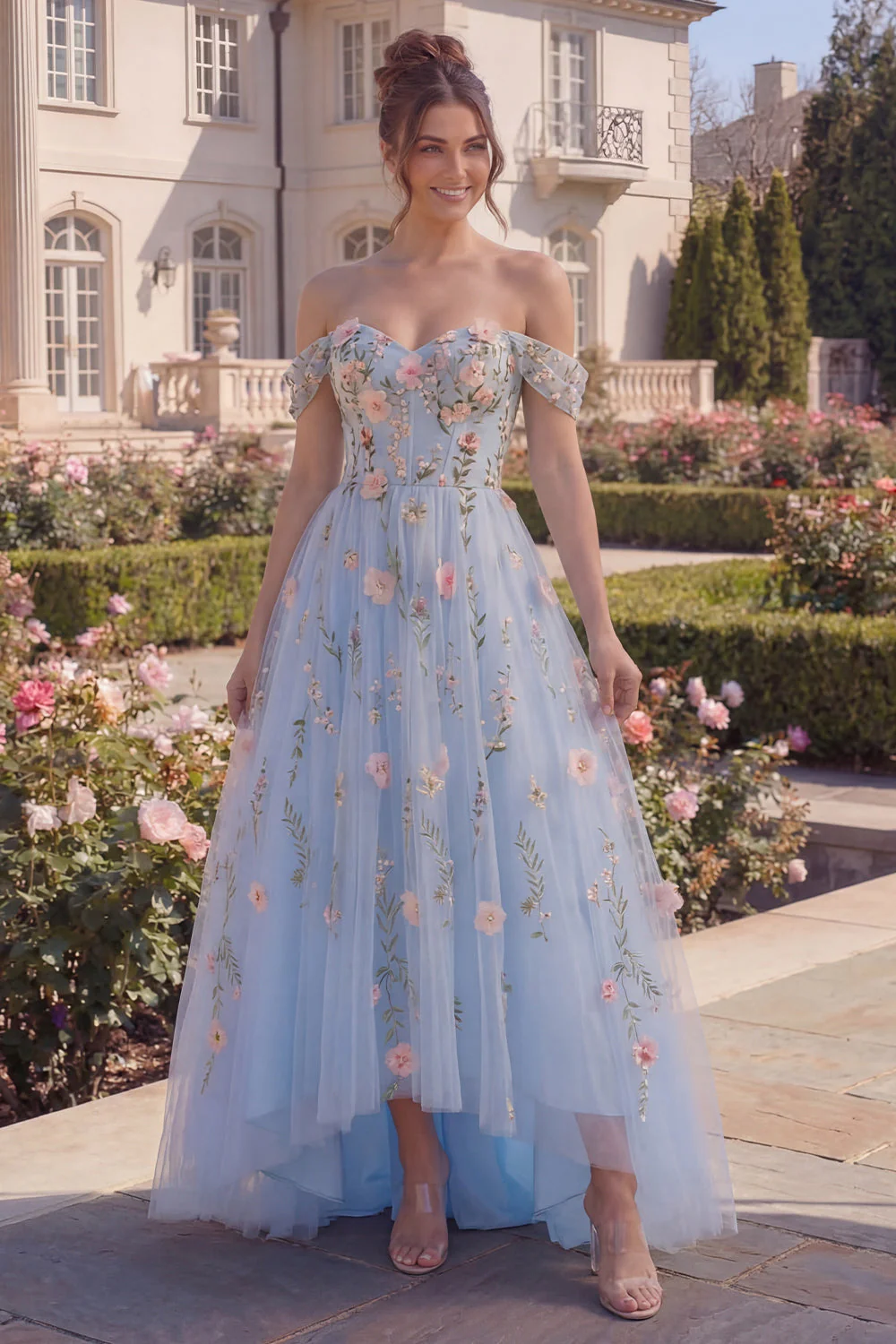 Blue Tulle A-Line Off the Shoulder Floral Corset Long Prom Dress with 3D Flowers
