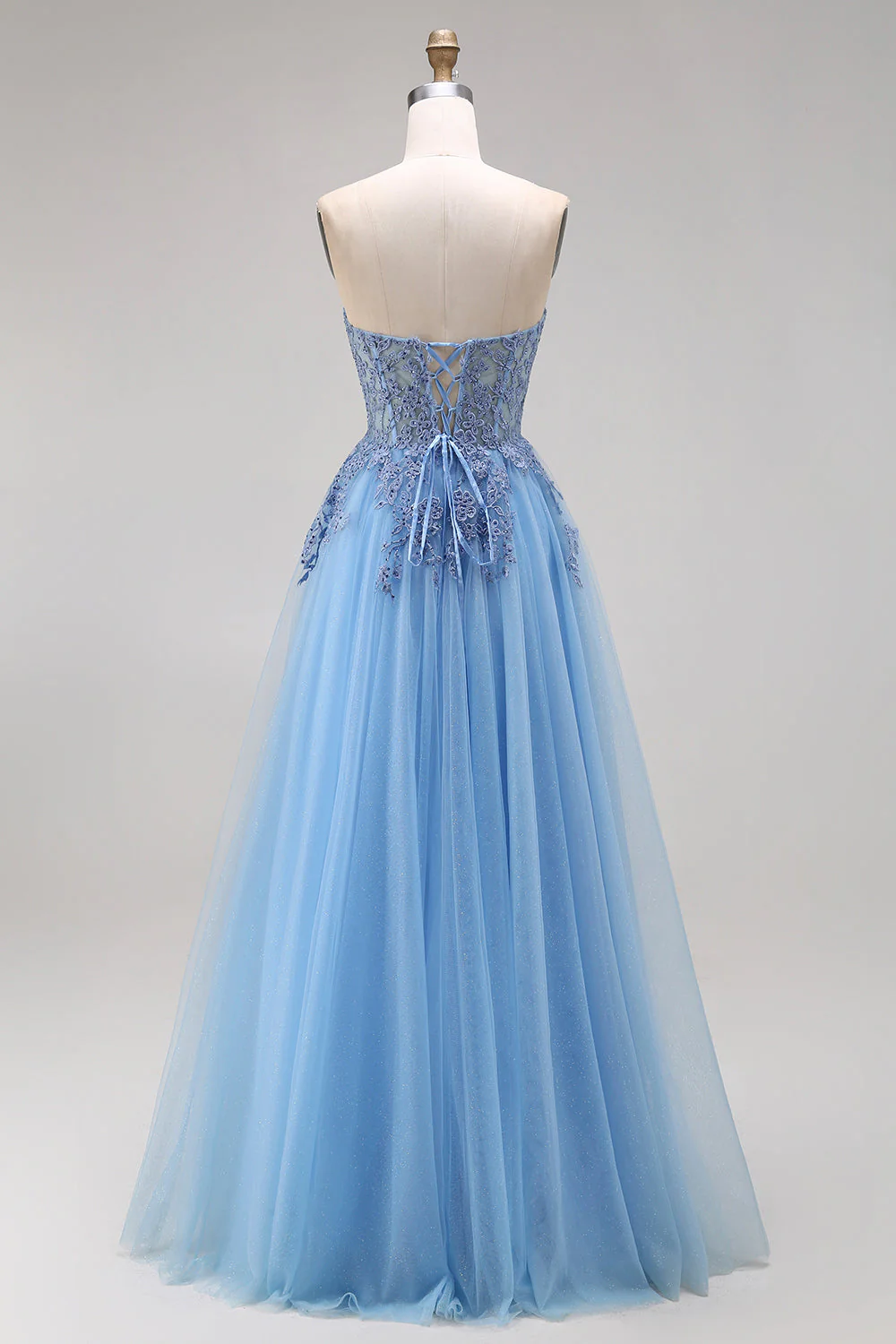 Sweetheart Blue Corset A-Line Long Tulle Prom Dress with Slit - Image 2