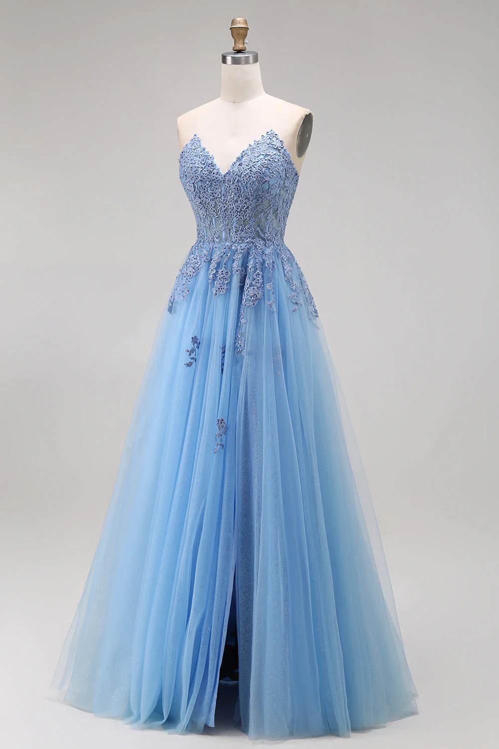 Sweetheart Blue Corset A-Line Long Tulle Prom Dress with Slit - Image 3