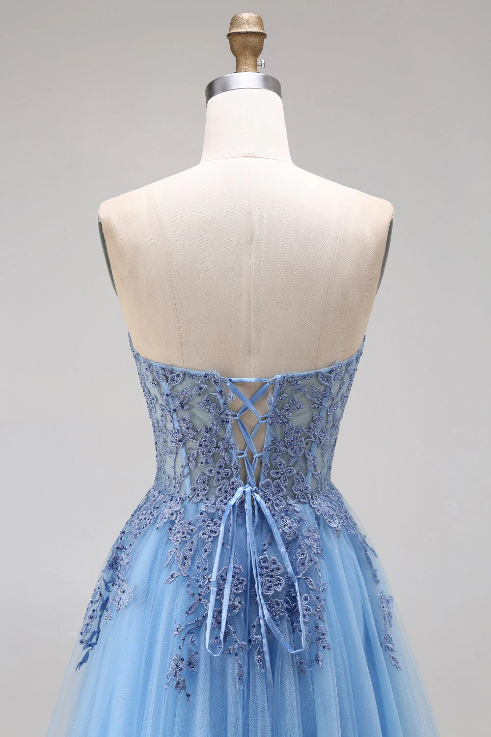 Sweetheart Blue Corset A-Line Long Tulle Prom Dress with Slit - Image 5