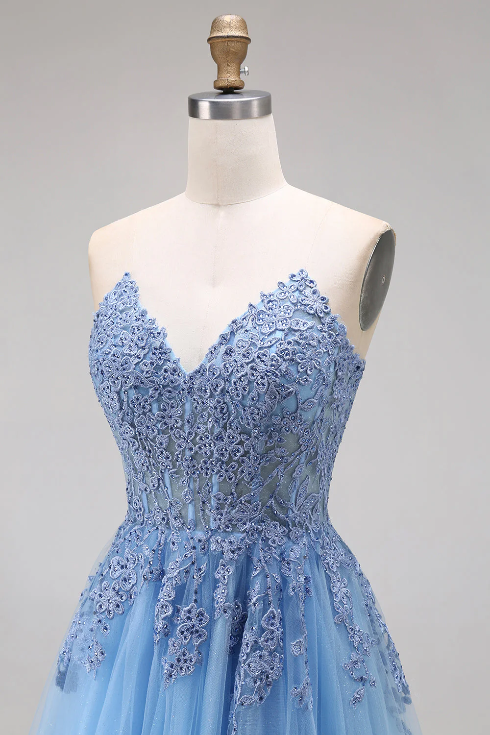 Sweetheart Blue Corset A-Line Long Tulle Prom Dress with Slit - Image 6