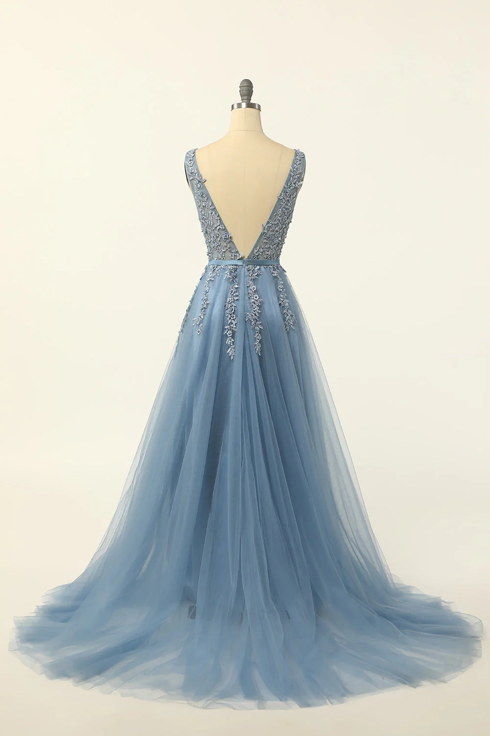 Blue Tulle Prom Dress with Appliques - Image 2