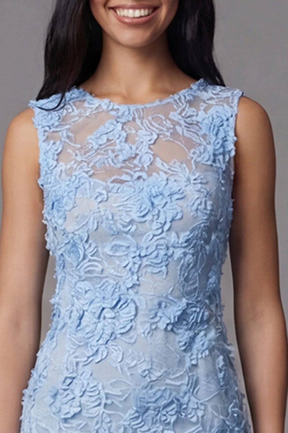 Blue Tulle Round Neck Bodycon Mini Floral Dress with Lace Appliques - Image 4