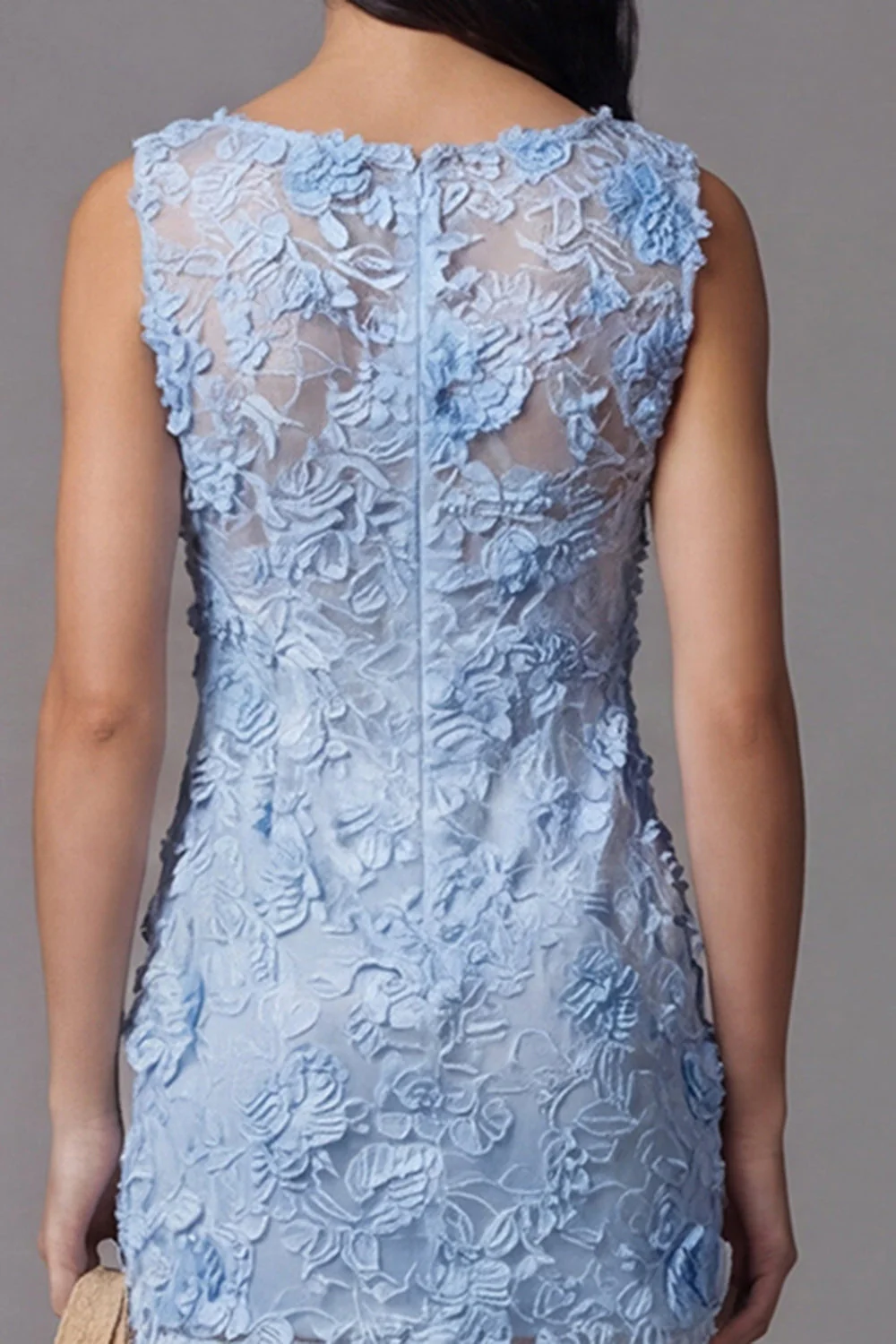Blue Tulle Round Neck Bodycon Mini Floral Dress with Lace Appliques - Image 5