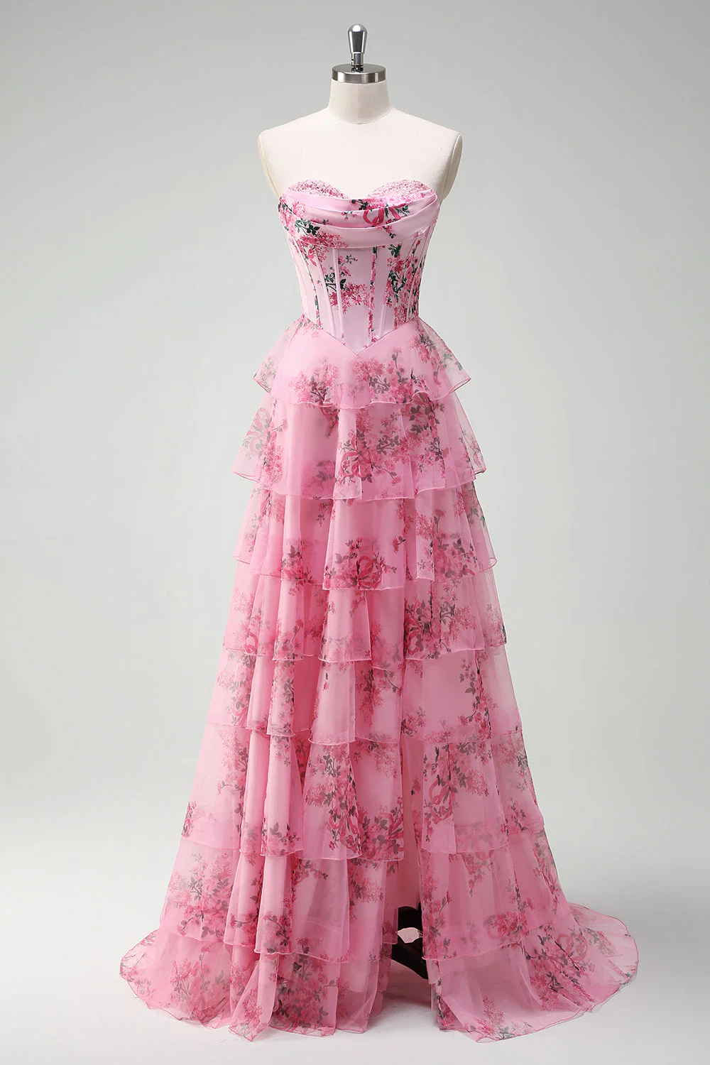 Blue White Flower A-Line Sweetheart Tiered Long Prom Dress with Slit - Image 10