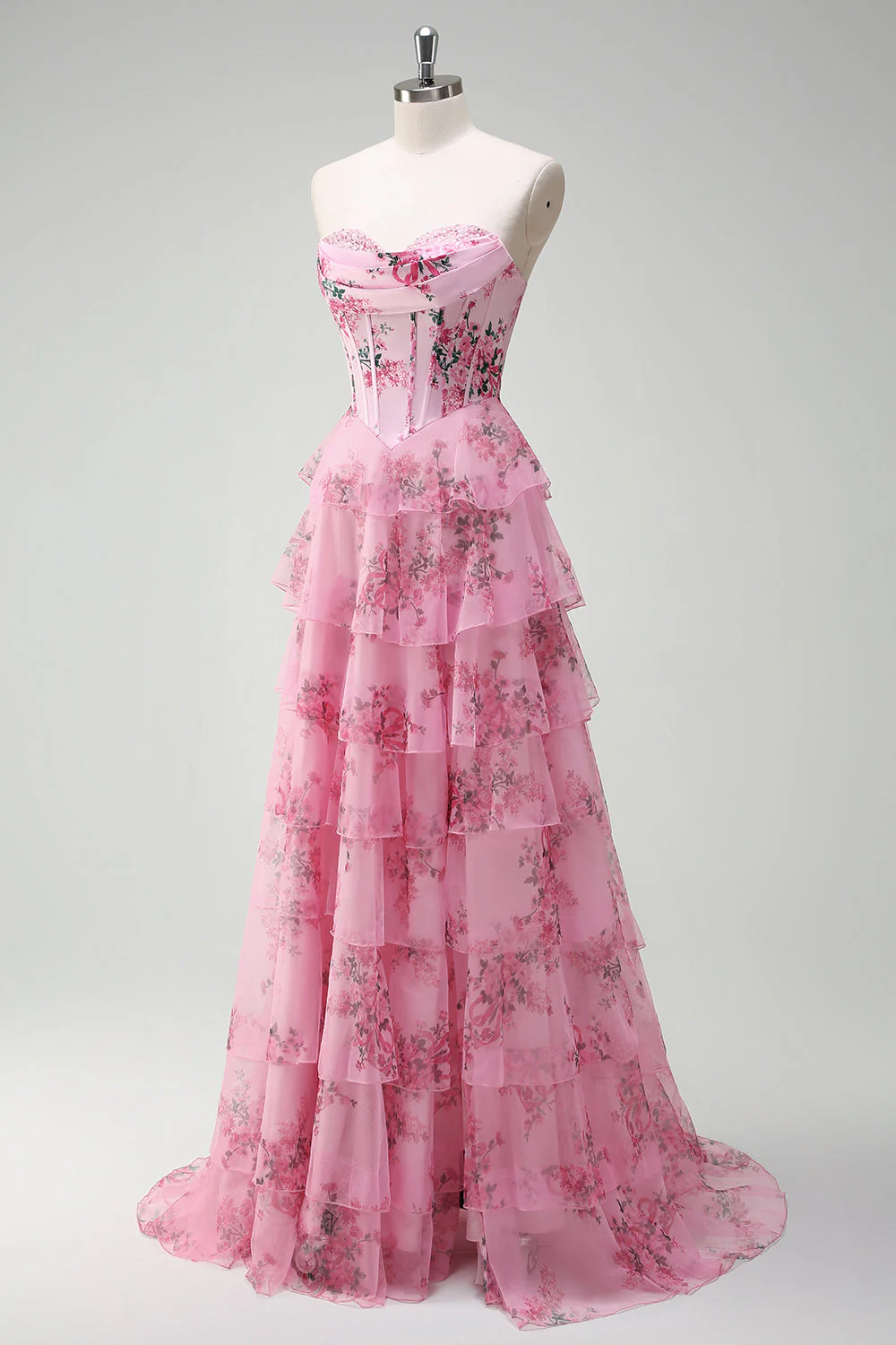 Blue White Flower A-Line Sweetheart Tiered Long Prom Dress with Slit - Image 12