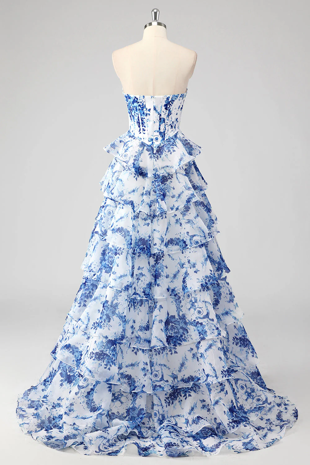 Blue White Flower A-Line Sweetheart Tiered Long Prom Dress with Slit - Image 2