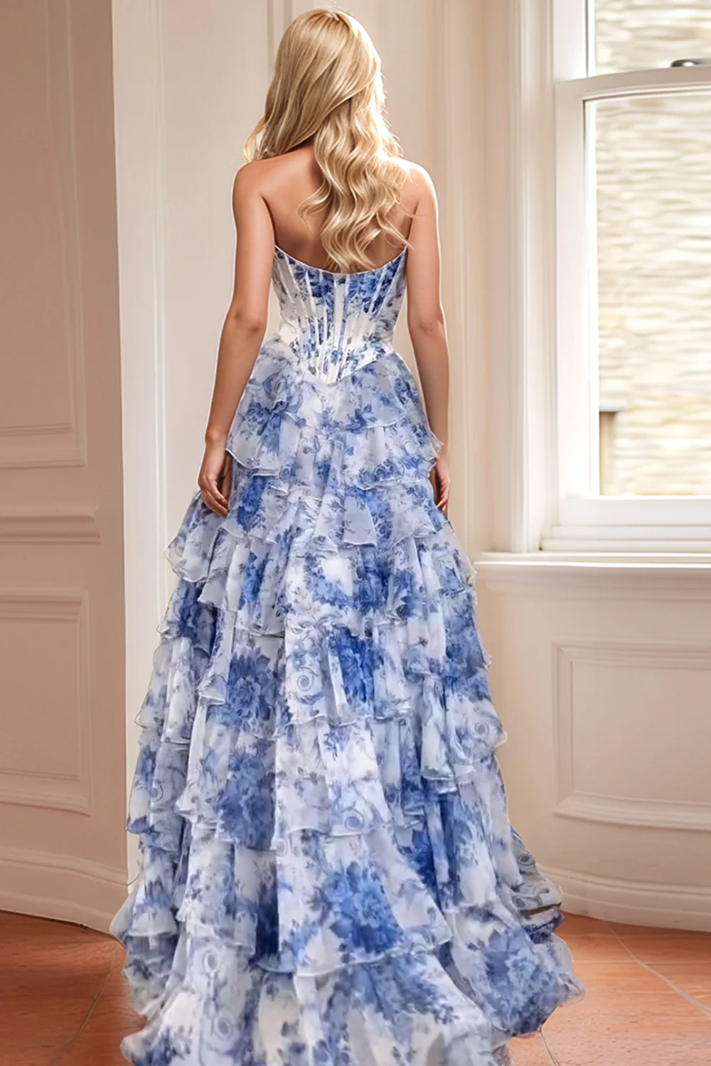 Blue White Flower A-Line Sweetheart Tiered Long Prom Dress with Slit - Image 4