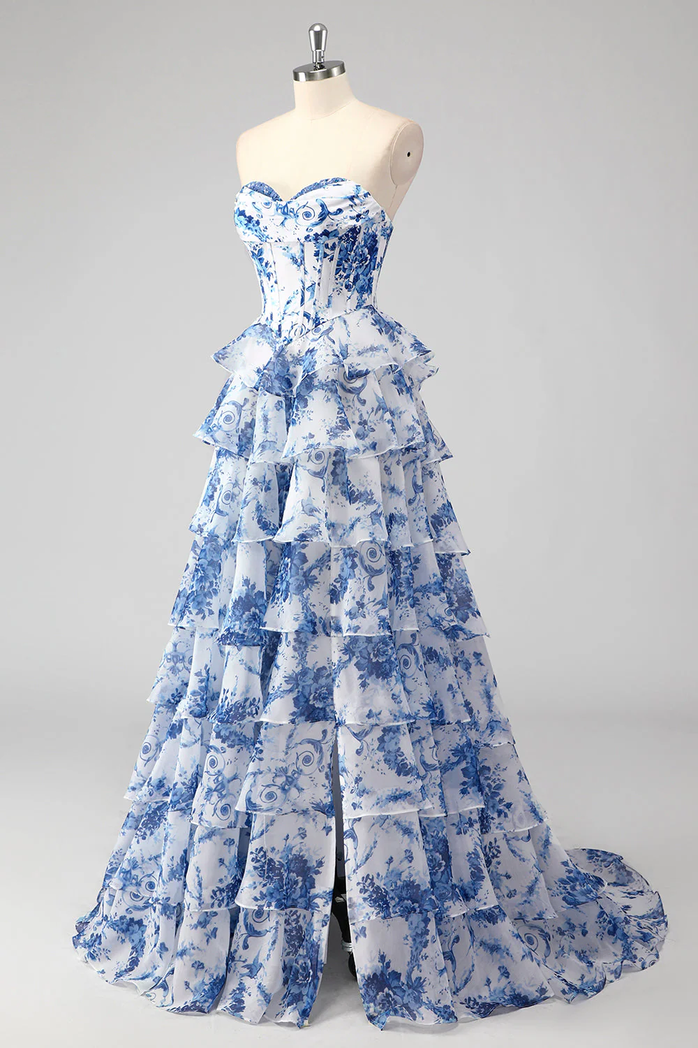 Blue White Flower A-Line Sweetheart Tiered Long Prom Dress with Slit - Image 6