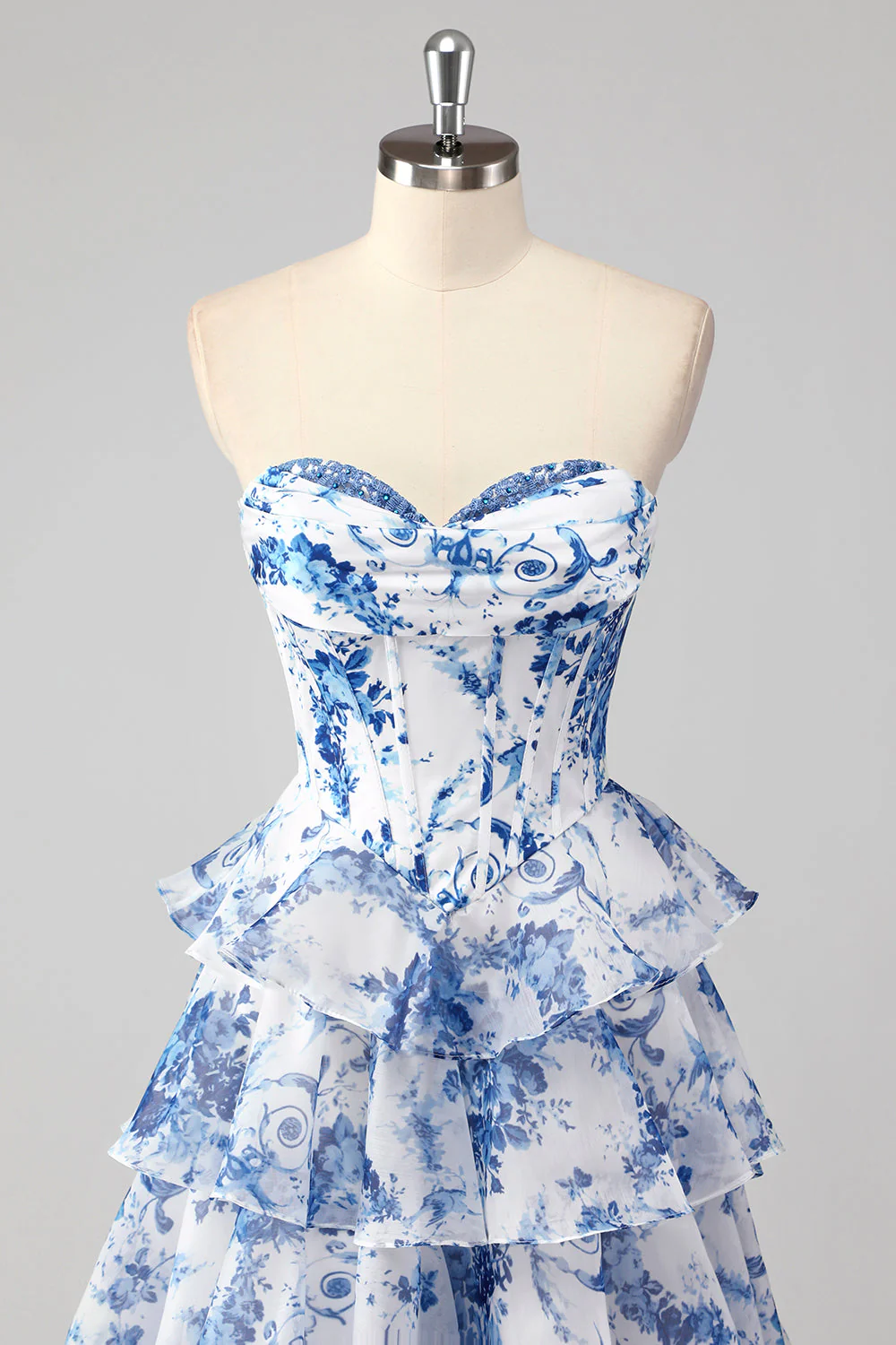 Blue White Flower A-Line Sweetheart Tiered Long Prom Dress with Slit - Image 7