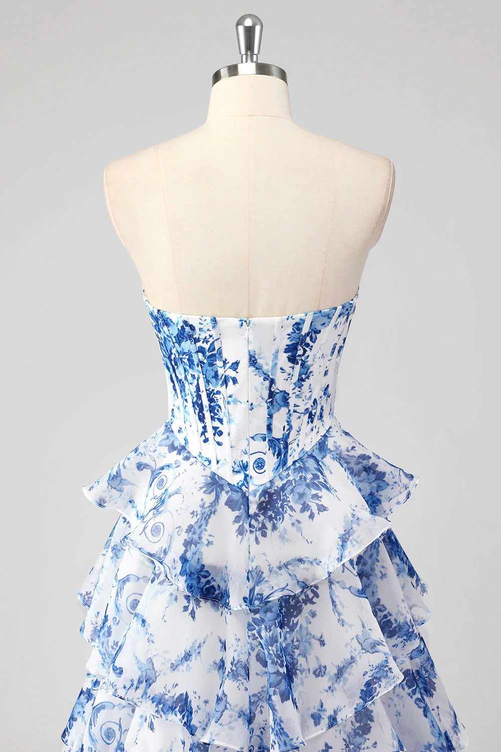 Blue White Flower A-Line Sweetheart Tiered Long Prom Dress with Slit - Image 8