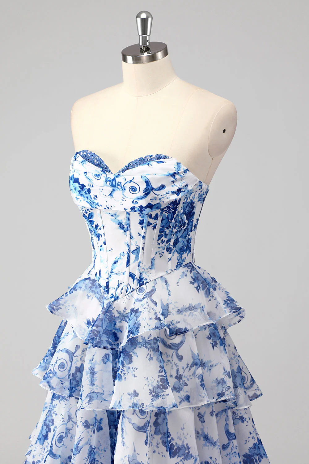 Blue White Flower A-Line Sweetheart Tiered Long Prom Dress with Slit - Image 9