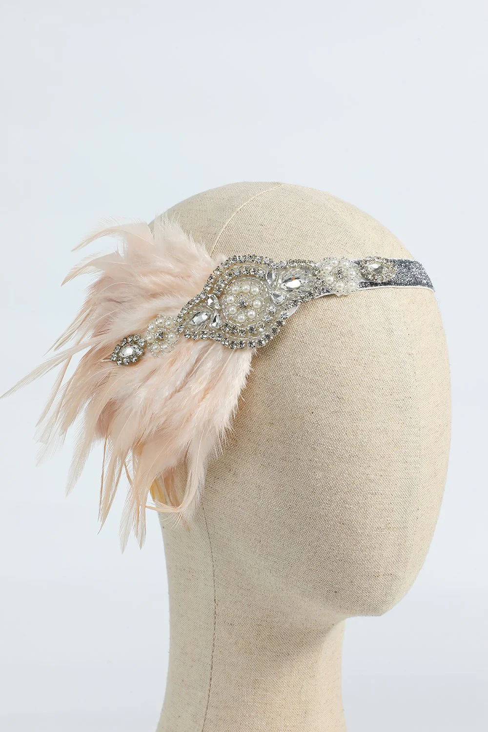 Blush 1920s Beaded Sequin Headband with Feather - Image 2
