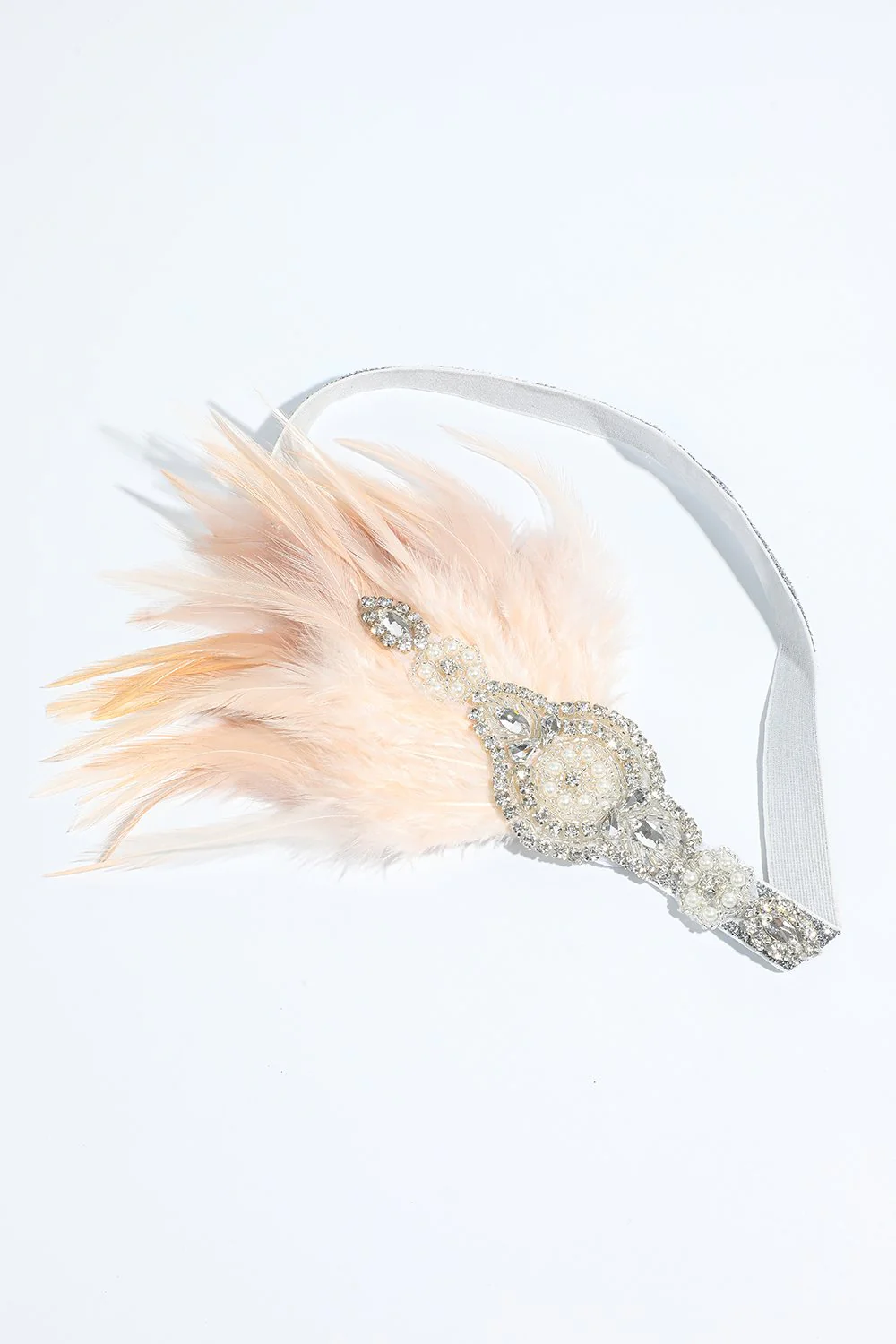Blush 1920s Beaded Sequin Headband with Feather - Image 3