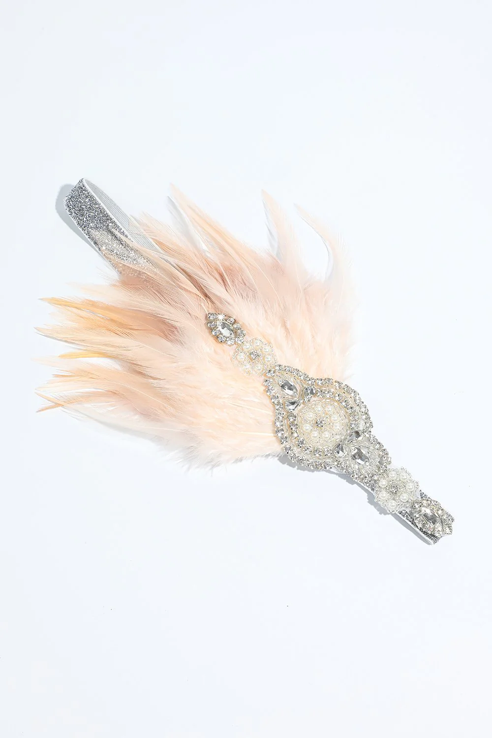 Blush 1920s Beaded Sequin Headband with Feather - Image 4