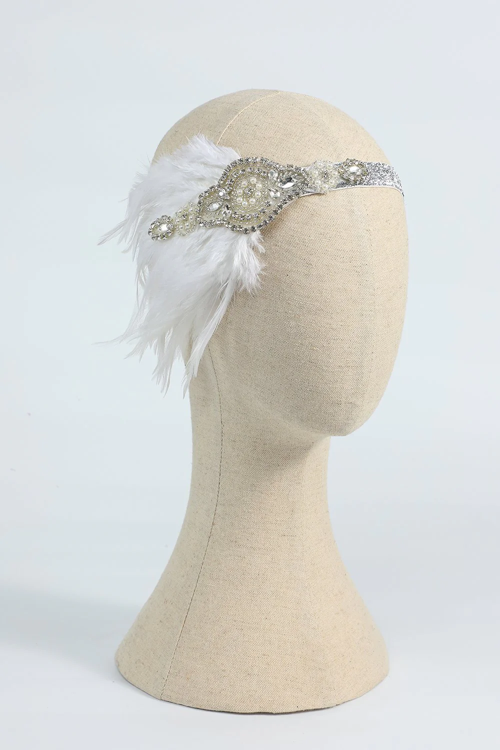 Blush 1920s Beaded Sequin Headband with Feather - Image 5