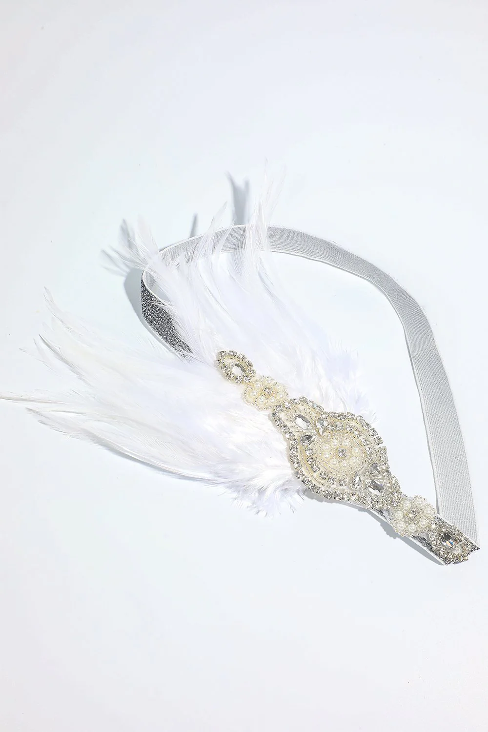 Blush 1920s Beaded Sequin Headband with Feather - Image 6