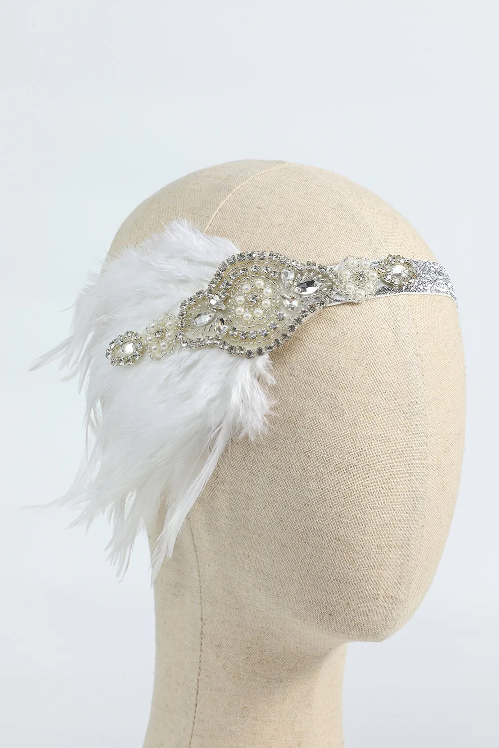 Blush 1920s Beaded Sequin Headband with Feather - Image 7