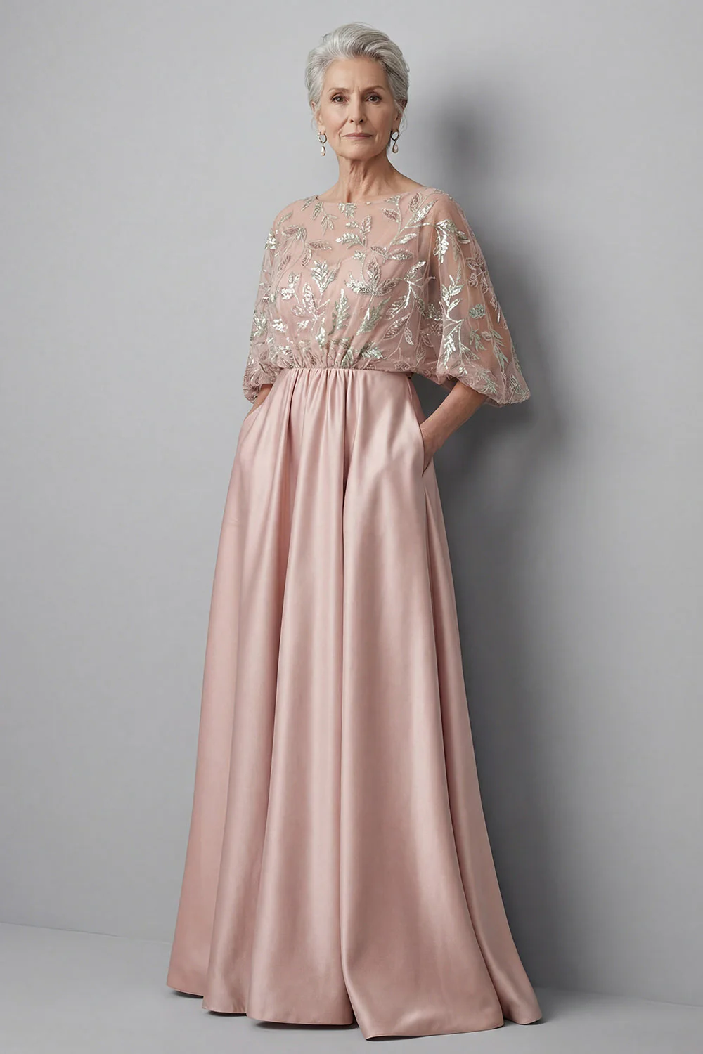 Blush A Line 3/4 Sleeves Long Mother of the Bride Dress with Pockets