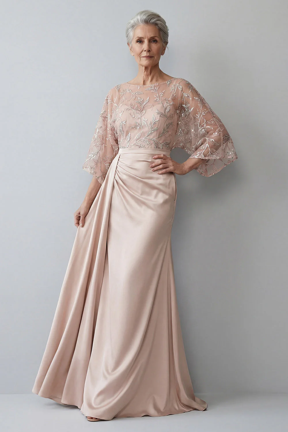 Blush Mermaid Boat Neck Long Mother of the Bride Dress with 3/4 Sleeves